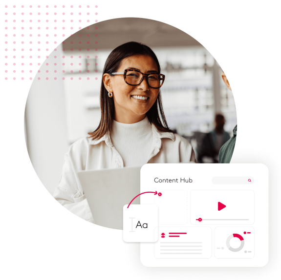 Smiling woman with glasses holding a laptop near a content hub illustration.