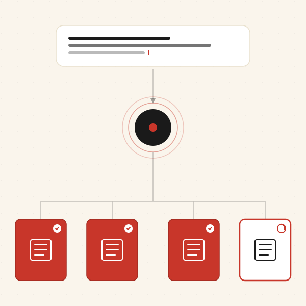 Flow chart with red documents and central circle on beige background.