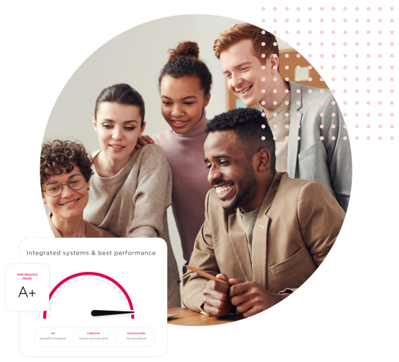 Diverse team of five people collaborating in an office setting with a performance grade chart.