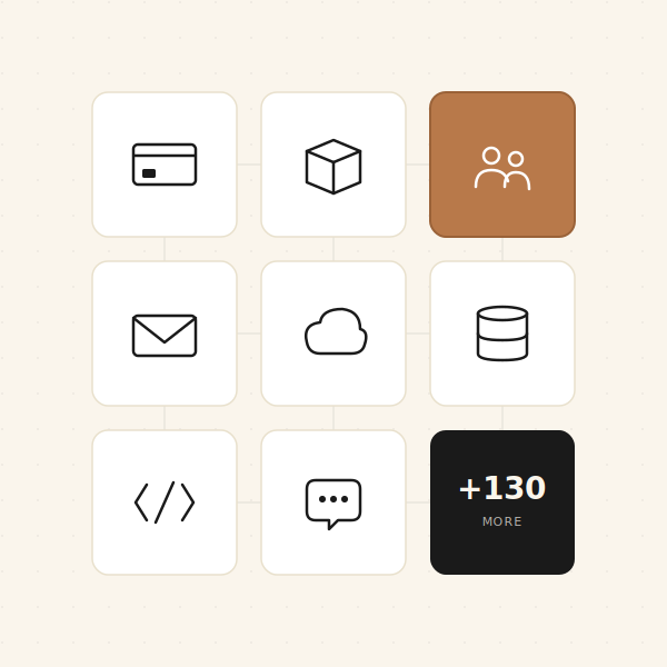 Grid of icons including credit card, cube, people, email, cloud, database, code, chat, and more.