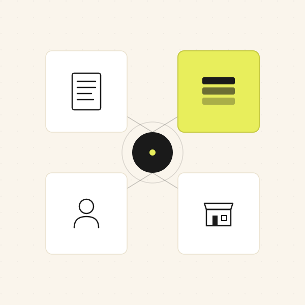 Four icons in a grid with document, list, user, and storefront symbols.
