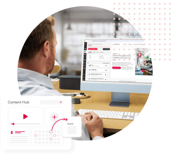 Man using a content management system on a desktop computer.