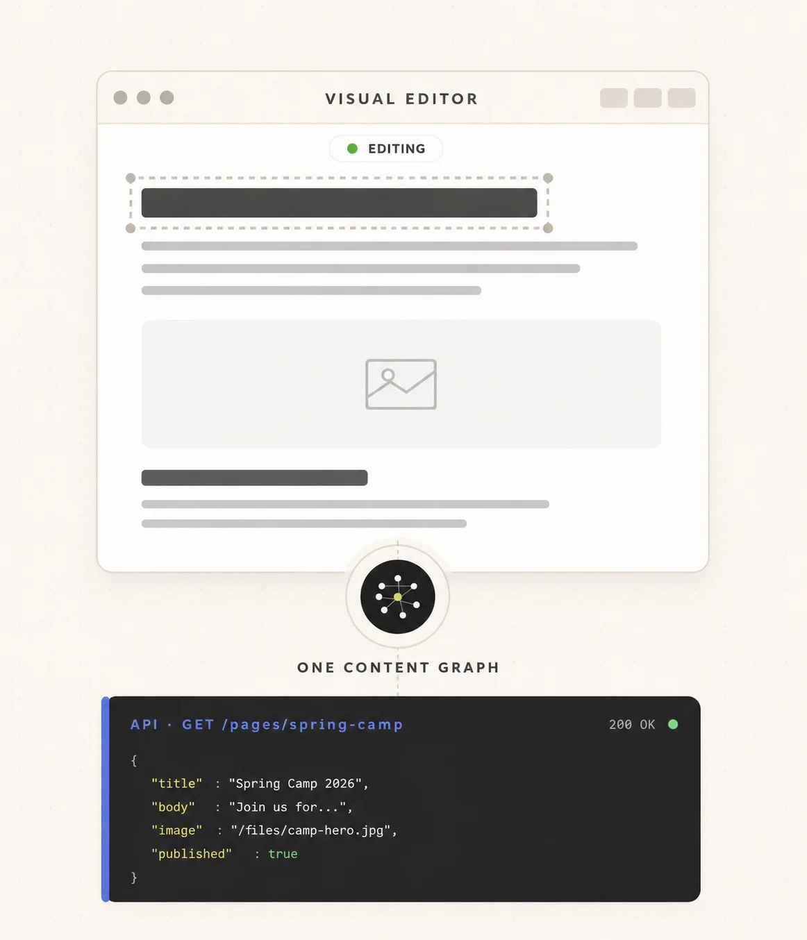 Visual editor interface with API content graph and coding snippet.