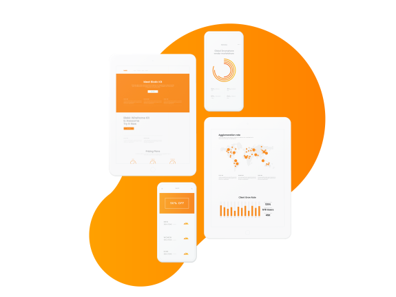 Digital devices displaying orange-themed UI design on black background.