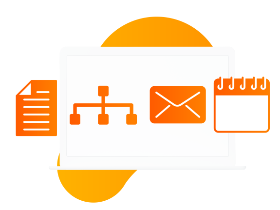 Laptop screen showing icons for document, network, email, and calendar in orange.