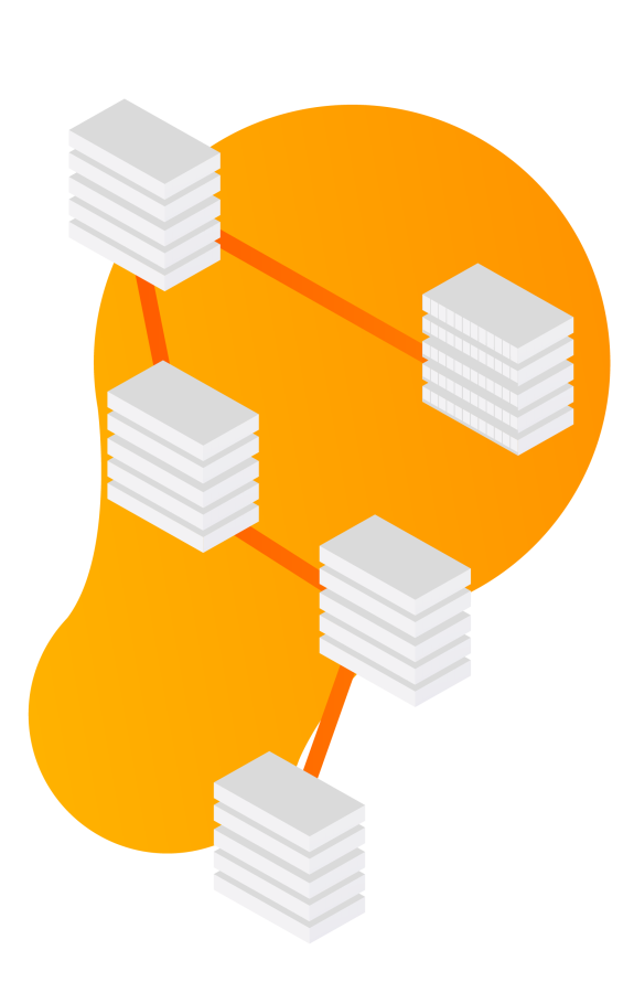 Illustration of a network diagram with data nodes on an orange background.