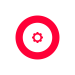 Red target symbol with a gear icon in the center on a white background.
