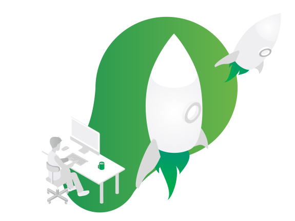 Illustration of a person at a desk with green rockets symbolizing business growth.