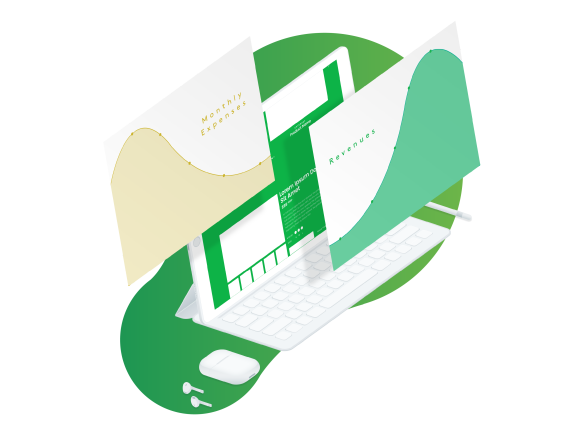 Laptop displaying financial charts for monthly expenses and revenues analysis