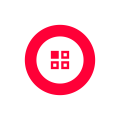 Red circle with four small squares inside on white background