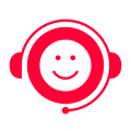 Red icon of a smiling face wearing a headset on a white background