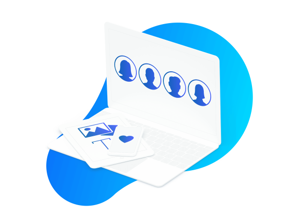 White laptop displaying silhouette icons on a blue gradient background.