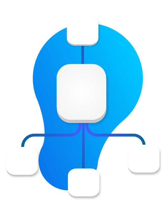 Blue lightbulb-shaped diagram with connected square nodes.