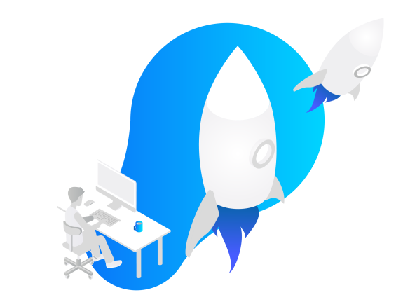 Businessman at computer desk with rocket launch on blue background.