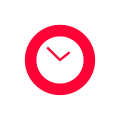 Red clock icon on a white background showing time at 10:10.