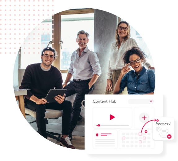 Diverse team of four discussing a project around a tablet in an office setting.