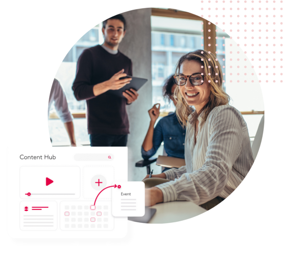 Team collaborating in an office with a digital content hub interface displayed.