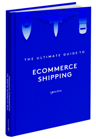 Blue cover of ebook titled 'The Ultimate Guide to Ecommerce Shipping' by coredna.