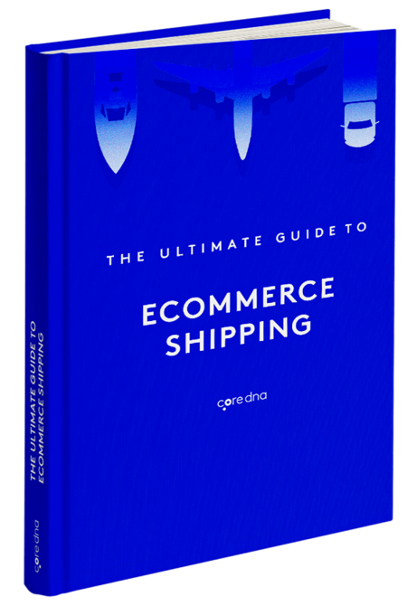 Blue cover of ebook titled 'The Ultimate Guide to Ecommerce Shipping' by coredna.