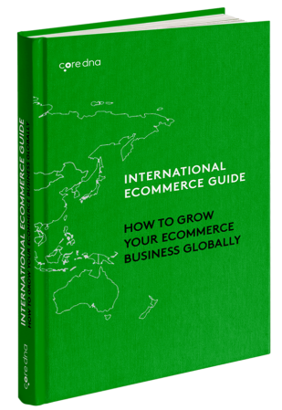 Green book cover titled International Ecommerce Guide with world map outline