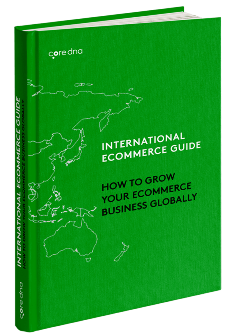 Green book cover titled International Ecommerce Guide with world map outline