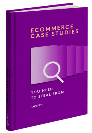 Purple book cover titled 'Ecommerce Case Studies You Need to Steal From' by Coredna.