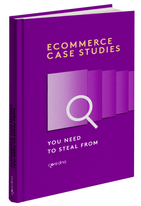 Purple book cover titled 'Ecommerce Case Studies You Need to Steal From' by Coredna.