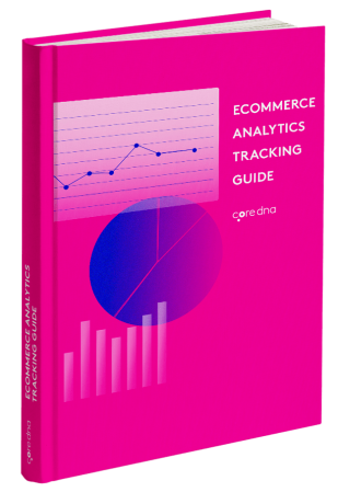 Ecommerce Analytics Tracking Guide book with pink cover and charts.