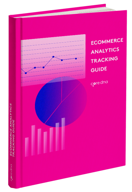 Ecommerce Analytics Tracking Guide book with pink cover and charts.