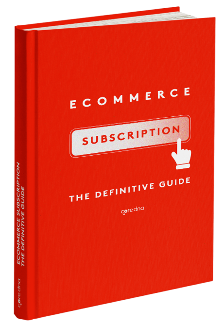 Red book cover titled 'Ecommerce Subscription The Definitive Guide' with a hand icon.
