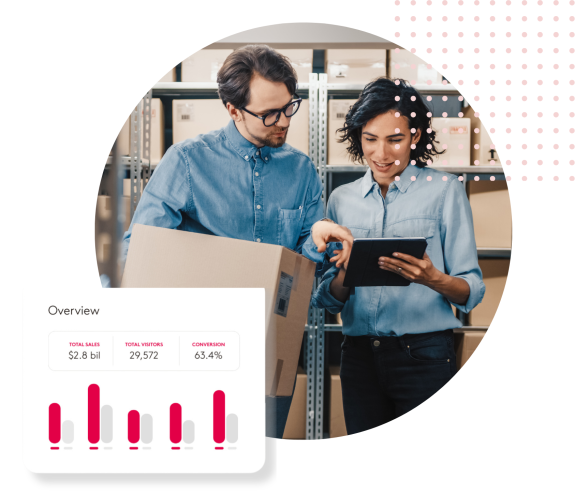 Two people in a warehouse discussing logistics with a tablet and a graph overlay.