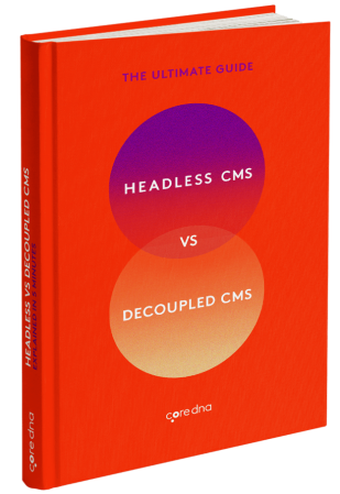 Red book cover titled 'Headless vs Decoupled CMS' by coredna.