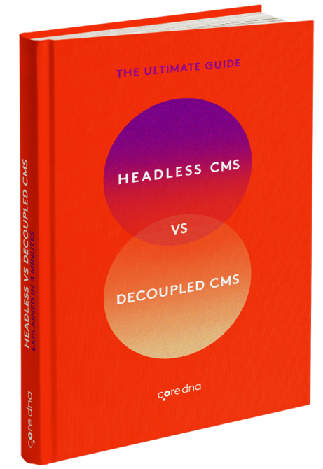 Red book cover titled 'Headless vs Decoupled CMS' by coredna.