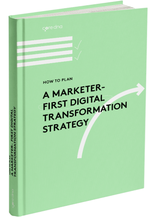 Book cover titled 'A Marketer-First Digital Transformation Strategy' with green background.