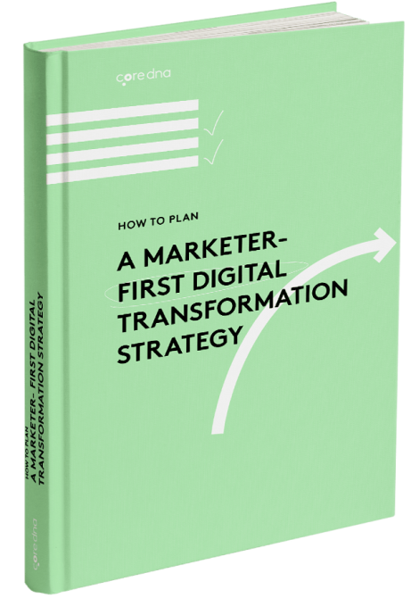 Book cover titled 'A Marketer-First Digital Transformation Strategy' with green background.