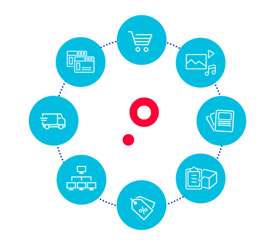 Ecommerce icons on a blue background including cart, delivery, and discount symbols