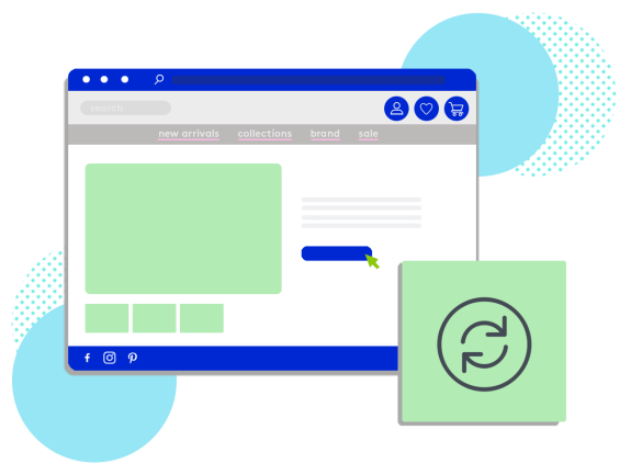 Illustration of an ecommerce website interface with navigation and icons.