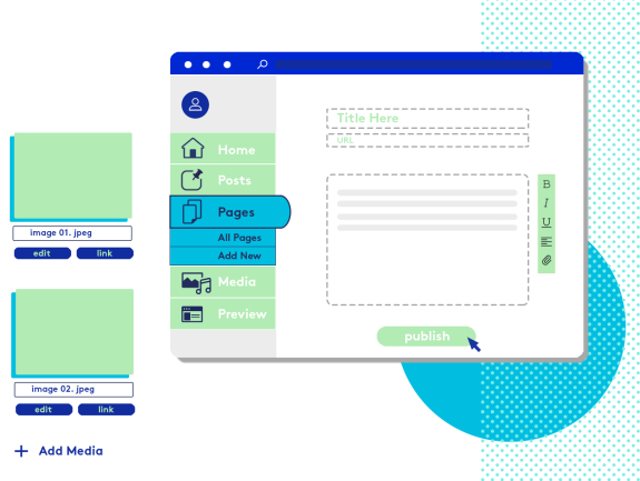 Illustration of a web page builder interface with editing options.