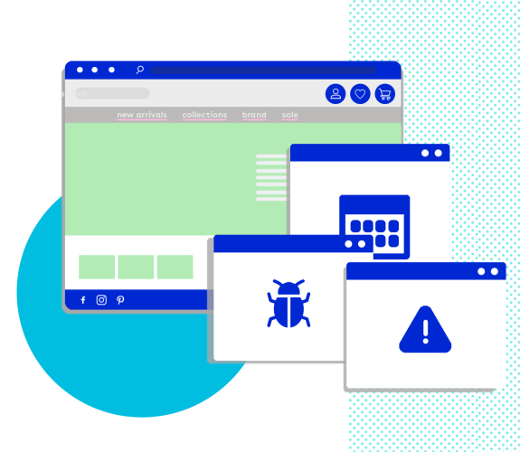 Illustration of a website with bug and error windows open.