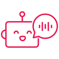 Red outline icon of a happy robot with a chat bubble