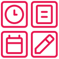 Red outline icons of a clock, document, calendar, and pencil on a black background.