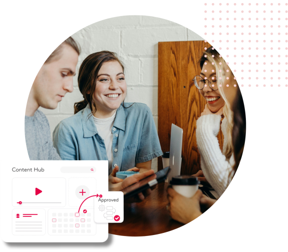 Three people having a friendly discussion over coffee with a content hub interface overlay.