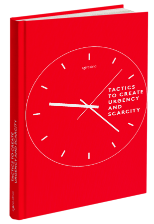Red book cover with clock design titled 'Tactics to Create Urgency and Scarcity'