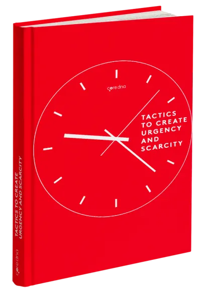 Red book cover with clock design titled 'Tactics to Create Urgency and Scarcity'