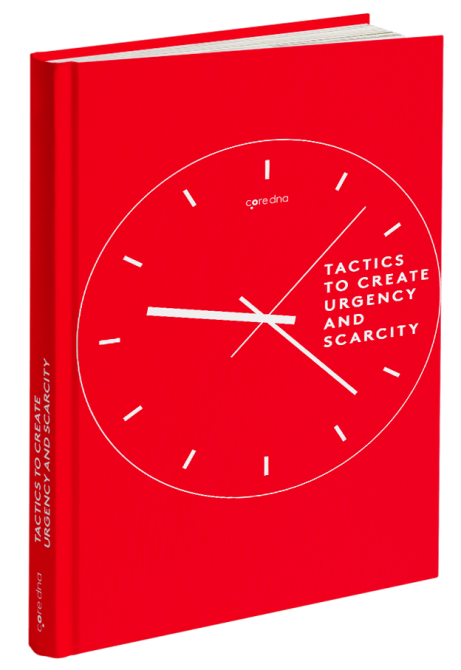 Red book cover with clock design titled 'Tactics to Create Urgency and Scarcity'