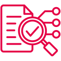 Red icon of a document with a magnifying glass and check mark