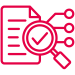 Red icon of a document with a magnifying glass and check mark