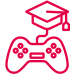 Red outline icon of a graduation cap connected to a game controller