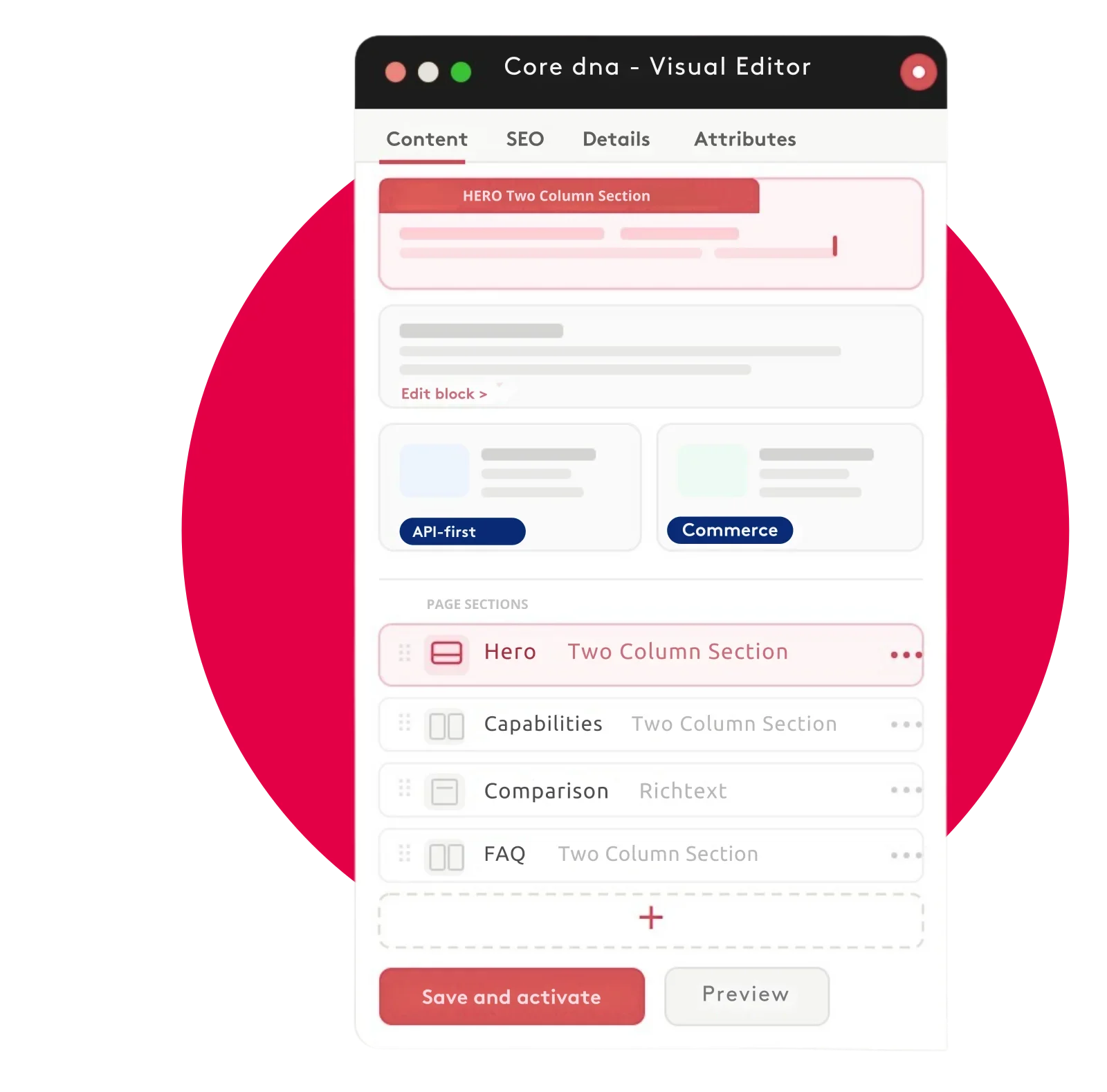 Core dna visual editor interface showing content editing and page sections.