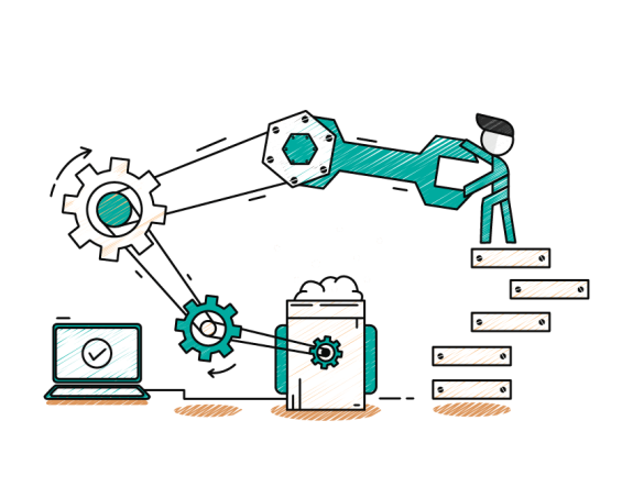 Digital illustration of gears, wrench, and process flow with character on stairs.